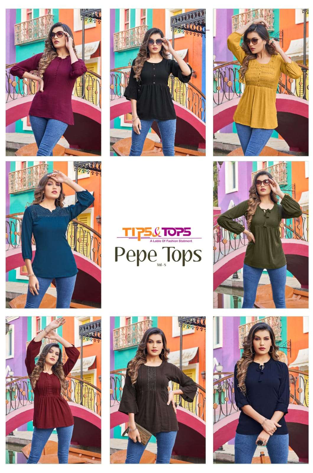 Tips & Tops-Pepe Tops Vol 05-Reyon-Wrinkle-Embroidery-Work-Fancy-Short-Top-Collage